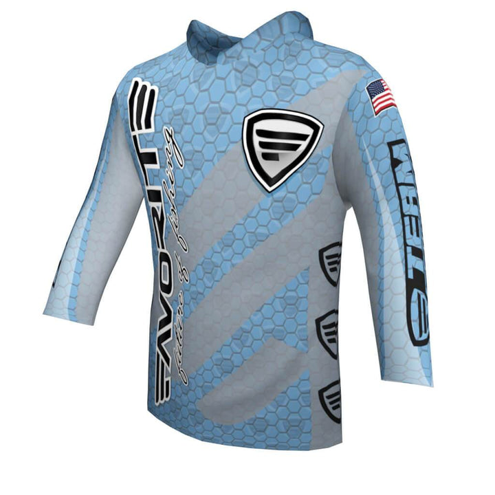 Favorite Fishing lightweight performance hoodie in blue, breathable apparel with a comfortable fit for outdoor activities.