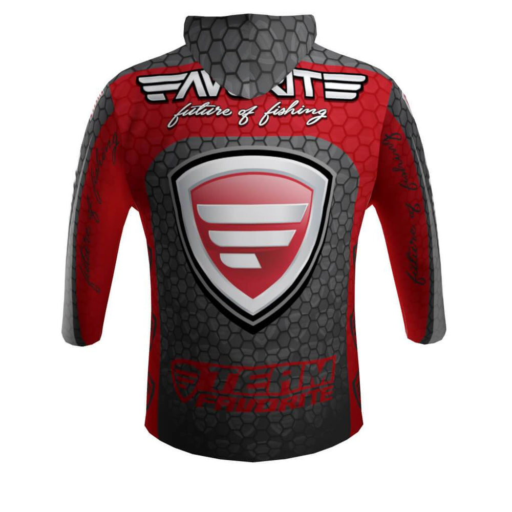 Favorite Fishing lightweight performance hoodie in red, shown as a casual apparel item with a comfortable fit.