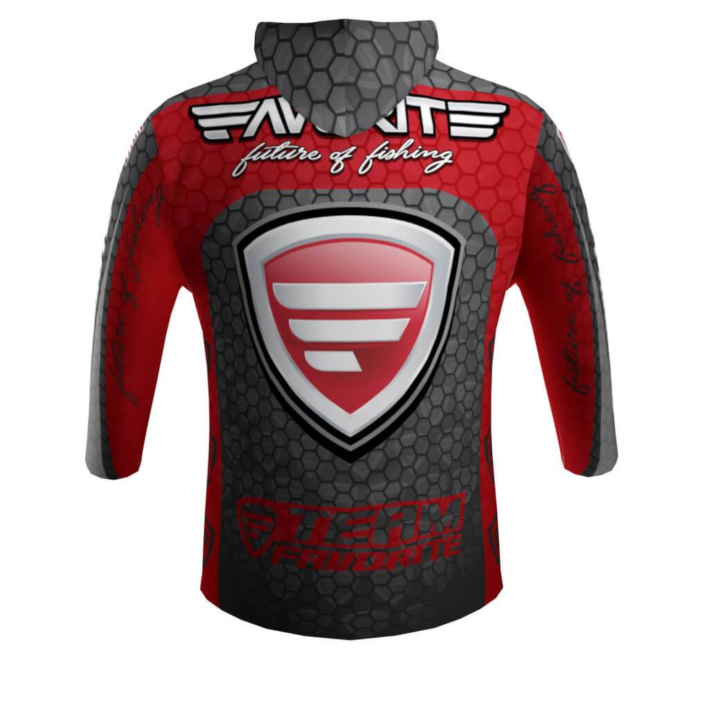 Favorite Fishing lightweight performance hoodie in red, shown as a casual apparel item with a comfortable fit.