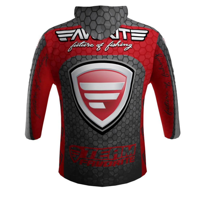 Favorite Fishing lightweight performance hoodie in red, shown as a casual apparel item with a comfortable fit.