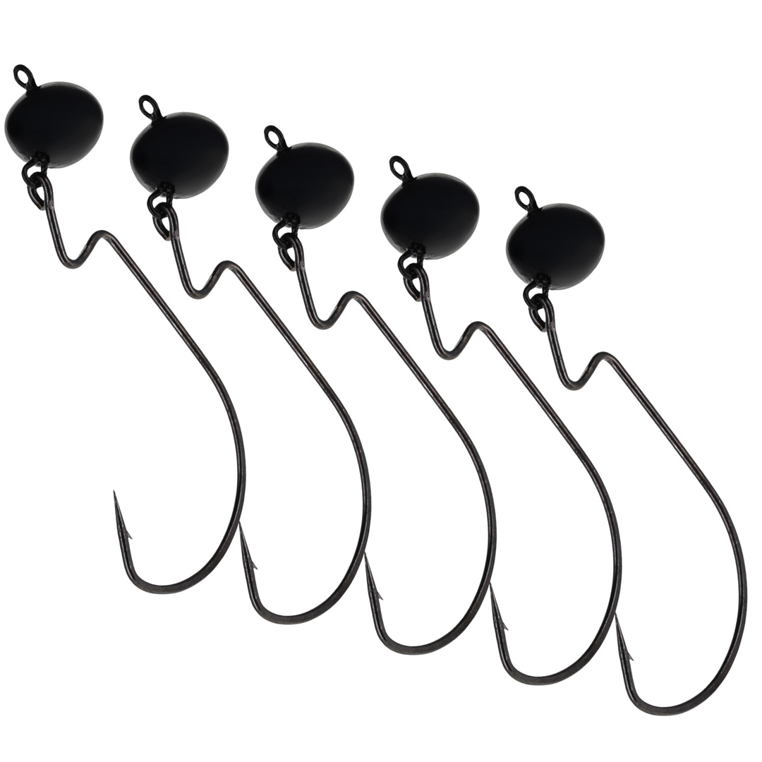 Reaction Tackle Lead Swing Football Jigs in black, 5-pack, designed for fishing, featuring a streamlined football shape.