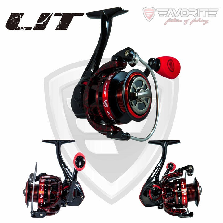 Favorite Fishing LIT spinning reel with metal handle and spool, showcasing the reel's sleek black design and ergonomic grip.
