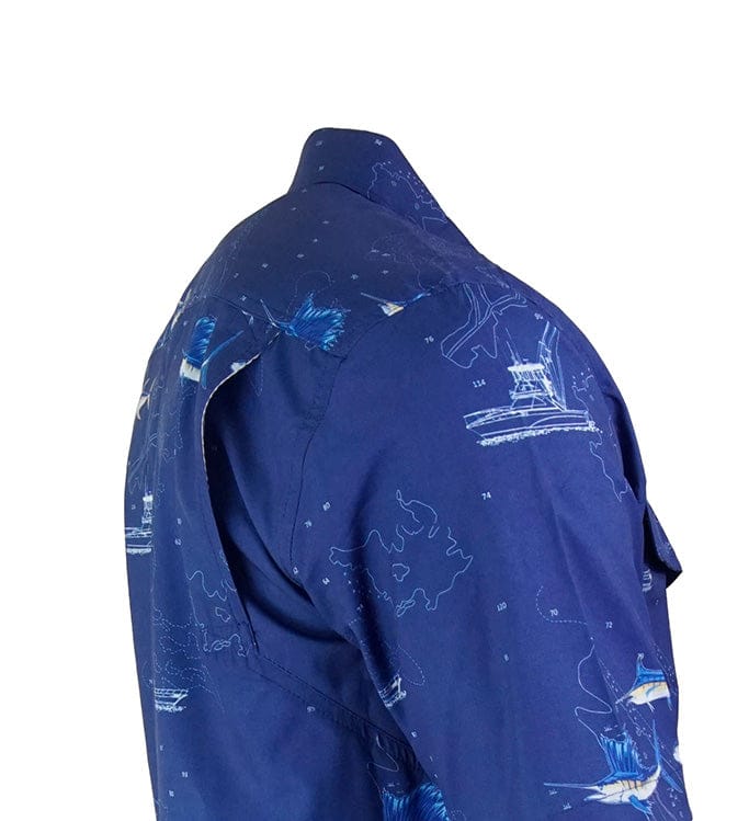 Men's marine fishing shirt by Hook & Tackle with UV vented design, featuring lightweight fabric and marine chart pattern for outdoor fishing.