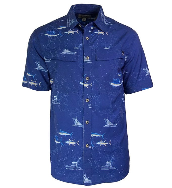 Men's marine charts UV vented fishing shirt by Hook & Tackle, featuring lightweight fabric and nautical-inspired design.