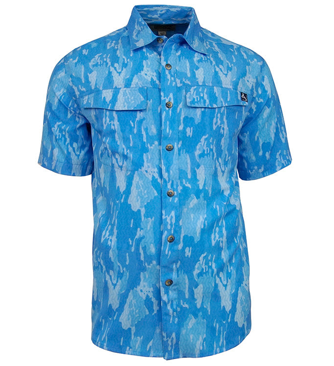 Men's Geo Camo UV Vented Fishing Shirt by Hook & Tackle, showing lightweight fabric, vented design, and camo pattern for outdoor fishing.