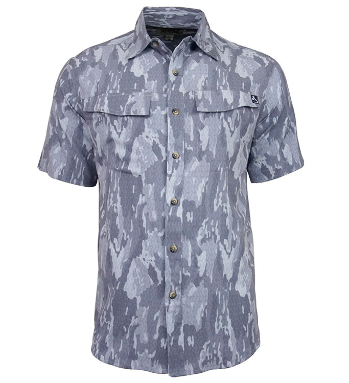 Men's Geo Camo UV Vented Fishing Shirt by Hook & Tackle, featuring lightweight fabric and breathable design for outdoor fishing.