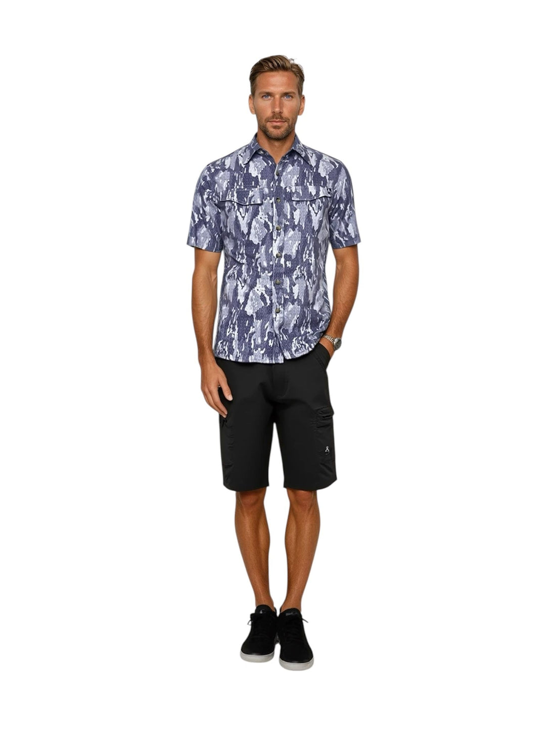 Men's Geo Camo UV Vented Fishing Shirt by Hook & Tackle, featuring grey geo camouflage pattern and breathable vented design