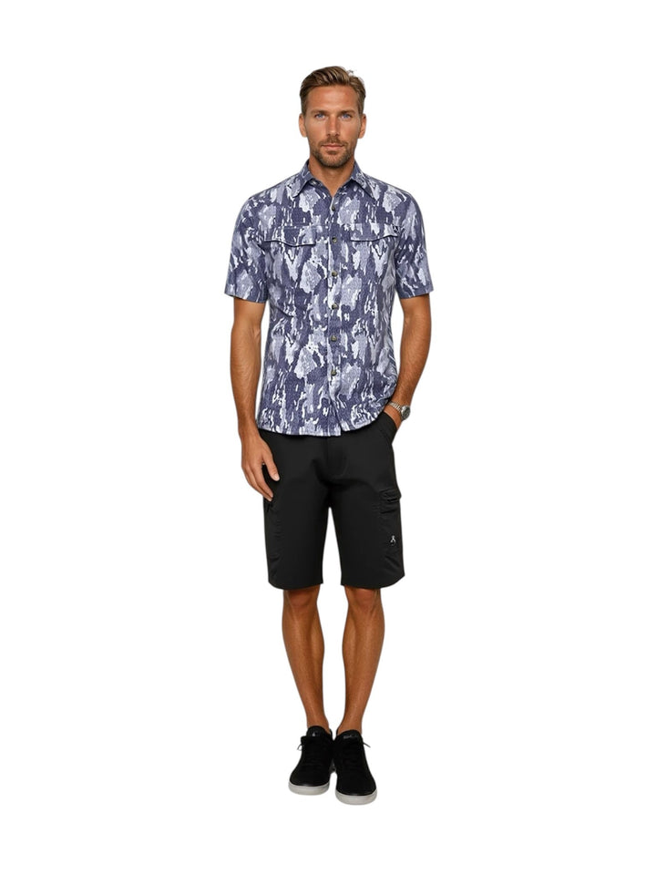 Men's Geo Camo UV Vented Fishing Shirt by Hook & Tackle, featuring grey geo camouflage pattern and breathable vented design
