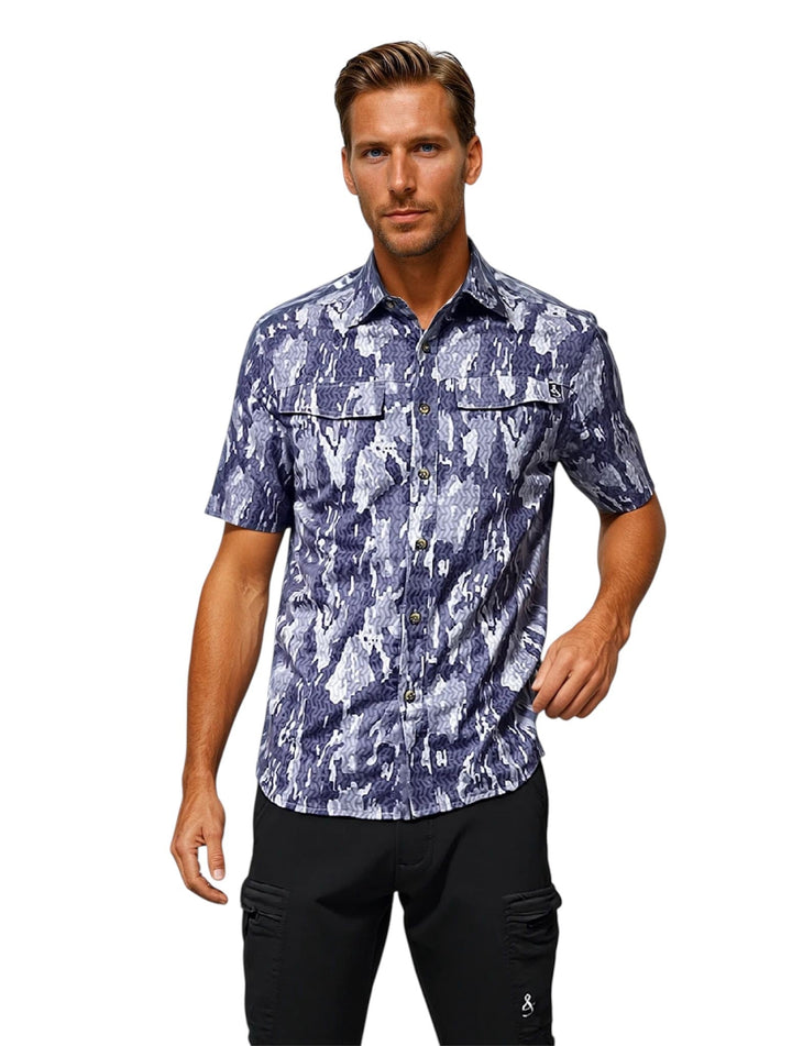 Men's Geo Camo UV Vented Fishing Shirt by Hook & Tackle, featuring grey camo pattern, lightweight fabric, and vented design for outdoor fishing.