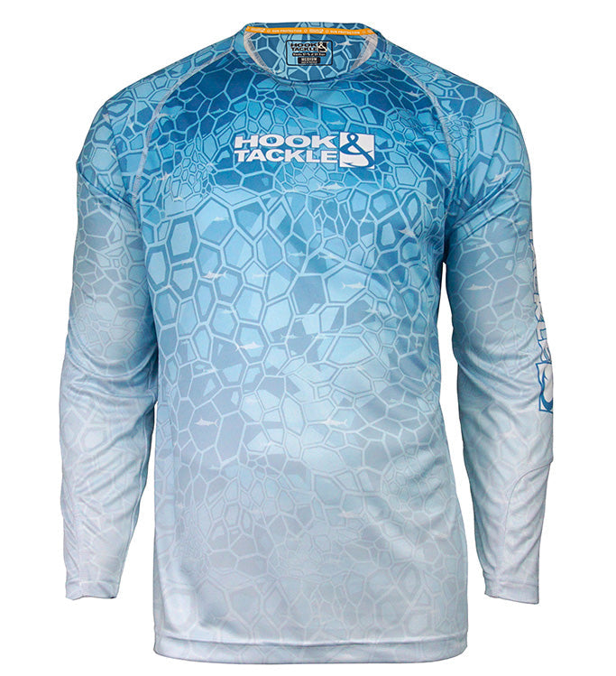 Men's Marlin Hex long-sleeve UV fishing shirt by Hook & Tackle with UPF sun protection, shown in a blue and white hex pattern.