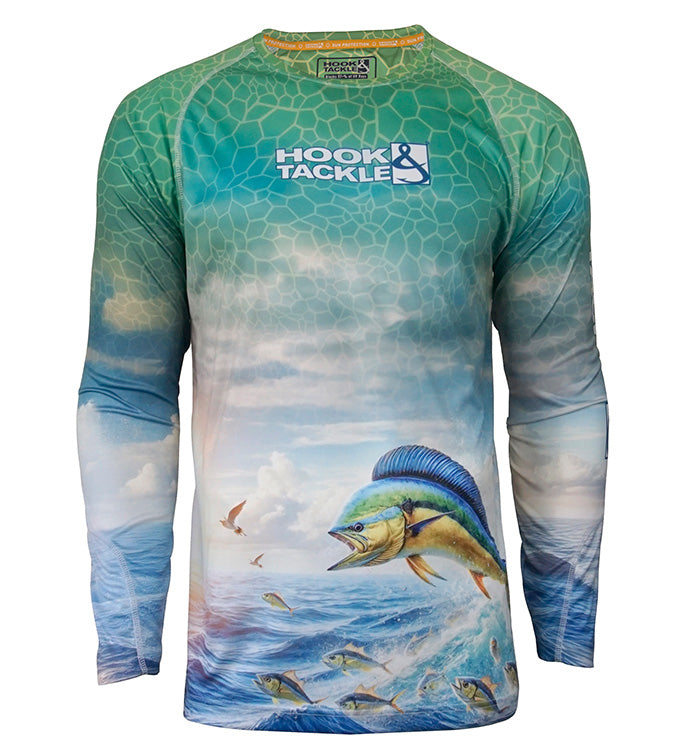 Men's long sleeve UV fishing shirt by Hook & Tackle with sun protection, featuring a dolphin design and lightweight fabric.