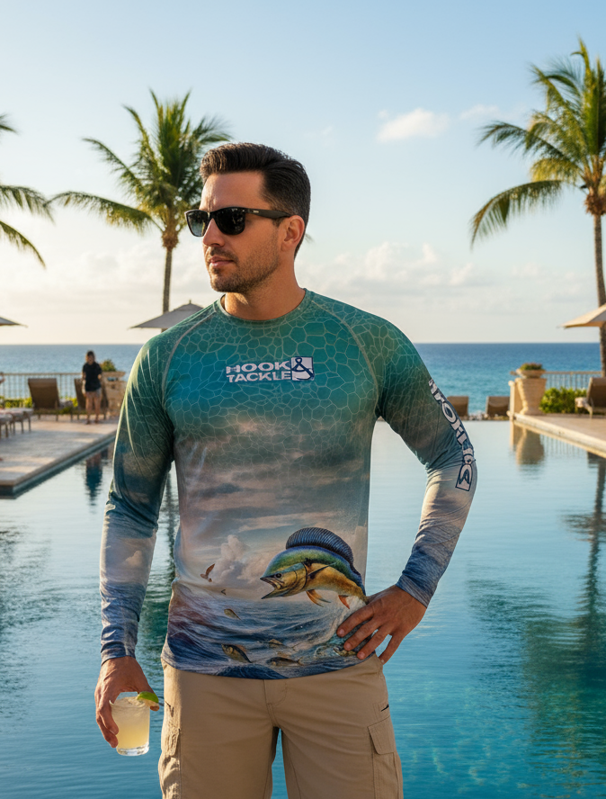 Men's long-sleeve UV fishing shirt by Hook & Tackle with sun protection fabric, featuring a lightweight, breathable design for outdoor fishing.