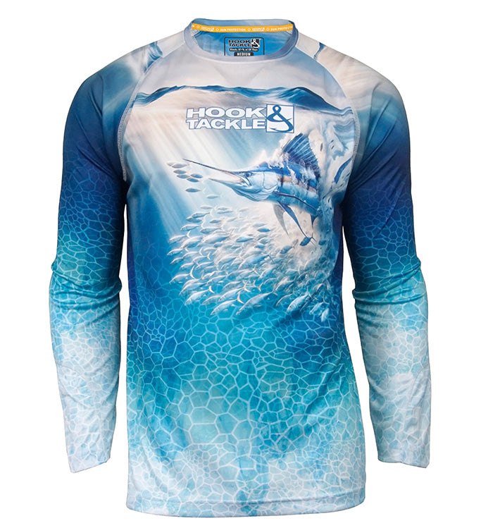 Men’s Marlin Strike UV fishing shirt by Hook & Tackle, lightweight UV protection T-shirt with Marlin design, shown on model.