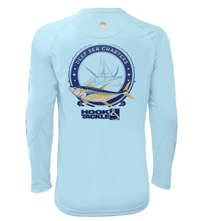 Men's long-sleeve Tuna Charters UV fishing shirt by Hook & Tackle, showing lightweight fabric and UPF sun protection for anglers.
