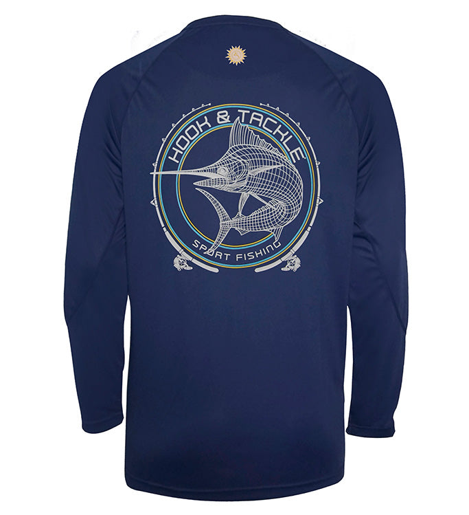 Men's Marlin wired long-sleeve UV fishing shirt by Hook & Tackle, featuring UPF sun protection and lightweight fabric.