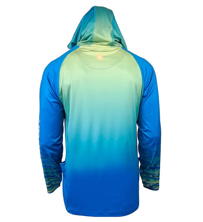 Men's Mahi Camo UV fishing hoodie gaiter from Hook & Tackle, UV UPF sun protection T-shirt with camo pattern and built-in gaiter.