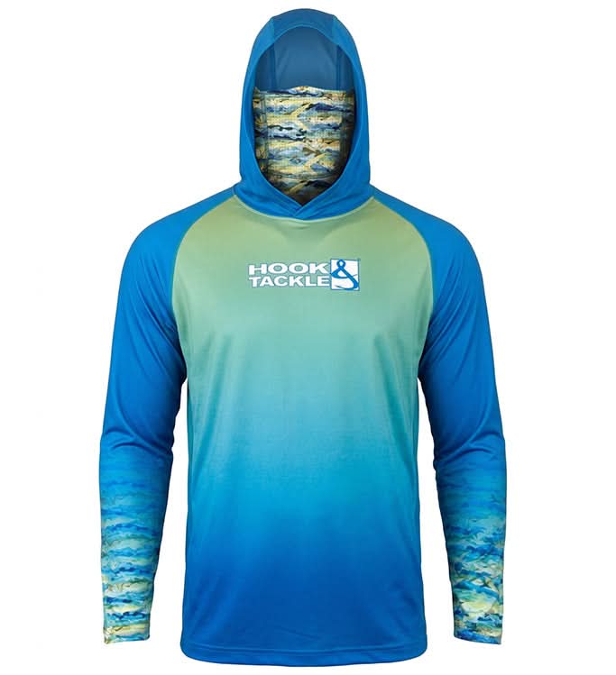 Men's Mahi Camo UV fishing hoodie with gaiter by Hook & Tackle, featuring sun protection UPF fabric and camouflage design.