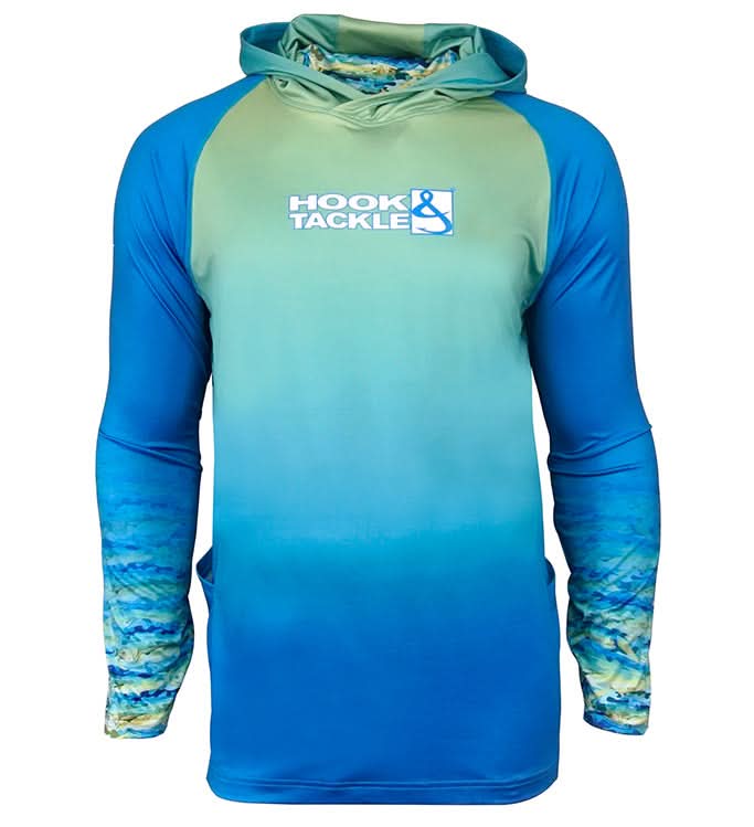 Men's Mahi Camo UV fishing hoodie gaiter by Hook & Tackle, with UPF sun protection and camouflage design for outdoor fishing.