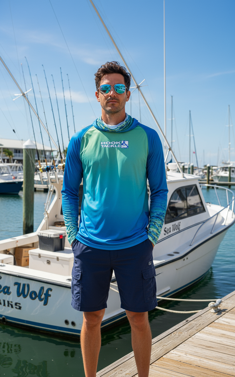 Men's Mahi Camo UV fishing hoodie gaiter by Hook & Tackle, lightweight sun protection UPF T-shirt with Mahi fish pattern.