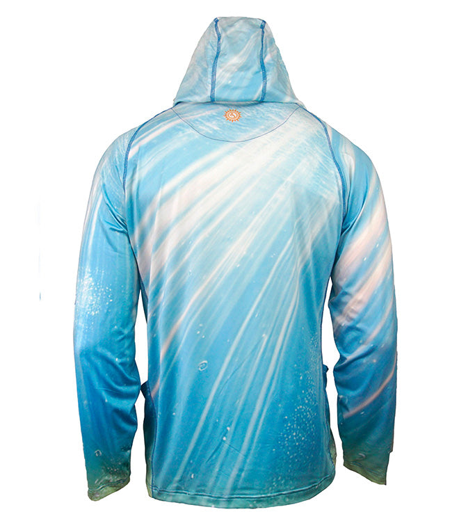 Men's Tuna Abyss UV fishing hoodie gaiter by Hook & Tackle, UV UPF sun protection shirt with tuna design, ideal for outdoor fishing.