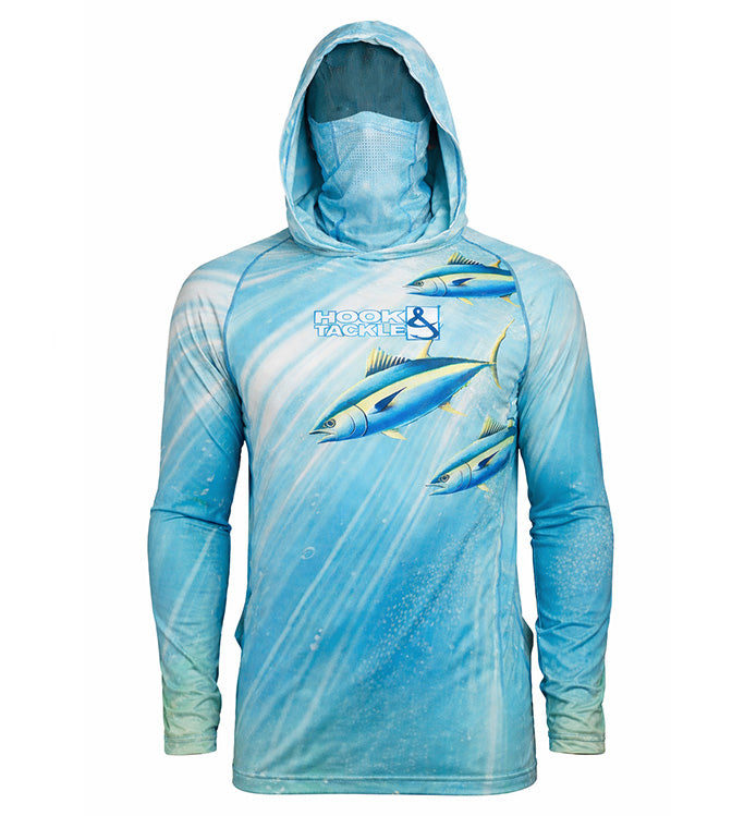 Men's Tuna Abyss UV fishing hoodie with gaiter, Hook & Tackle UV UPF sun protection T-shirt, shown with hood up and sun protection features