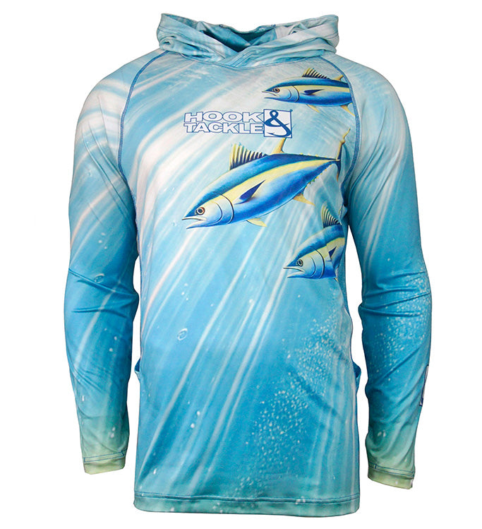 Men's Tuna Abyss UV fishing hoodie gaiter by Hook & Tackle, UV/UPF sun protection T-shirt for outdoor fishing activities.