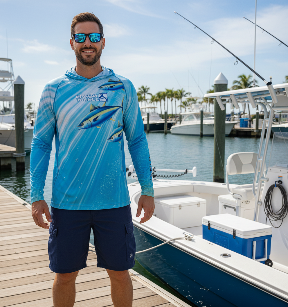 Men's Tuna Abyss UV fishing hoodie gaiter by Hook & Tackle, UV UPF sun protection T-shirt with a tuna design on the fabric.