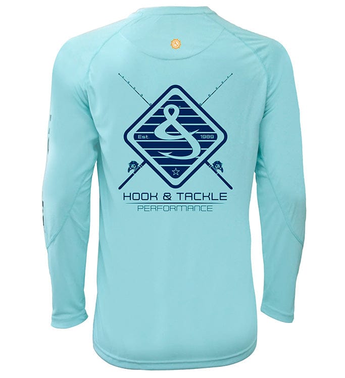 Men's Hook & Tackle UV fishing shirt with long sleeves, rods and hook graphic, designed for sun protection and outdoor fishing.