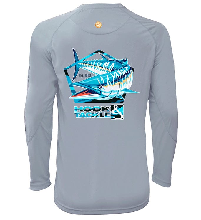 Men's Wahoo Pentagon long-sleeve UV fishing shirt by Hook & Tackle, featuring UPF sun protection and a stylish design.