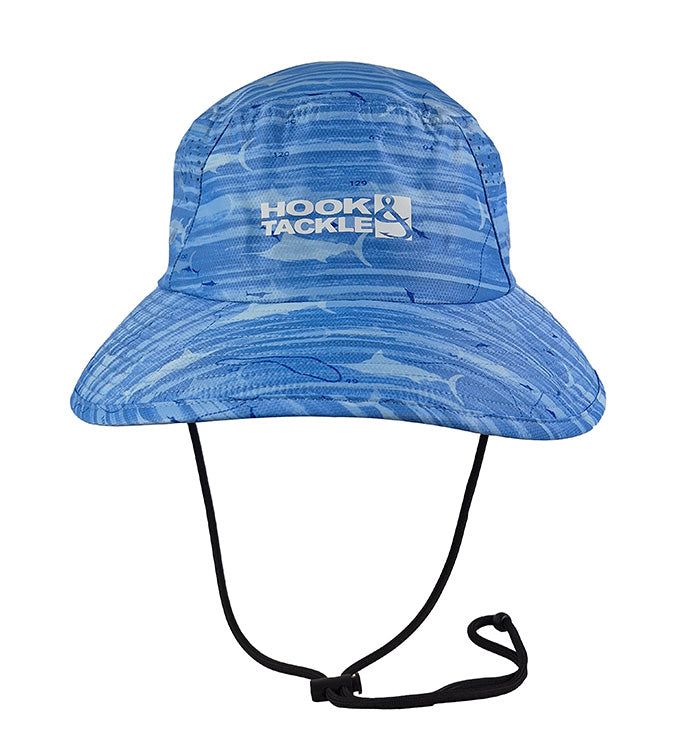 Marlin Latitude printed bucket hat from Hook & Tackle, featuring a colorful fish pattern and wide brim for sun protection.