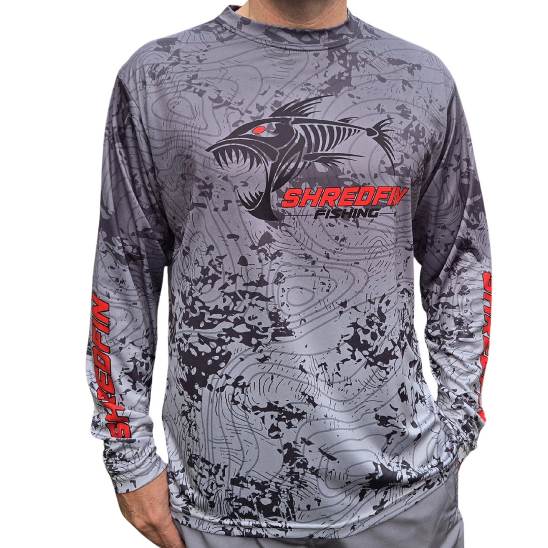 ShredFin Contourz Performance Shirt in Tungsten Splash, a men's athletic shirt with a sleek design and moisture-wicking fabric.