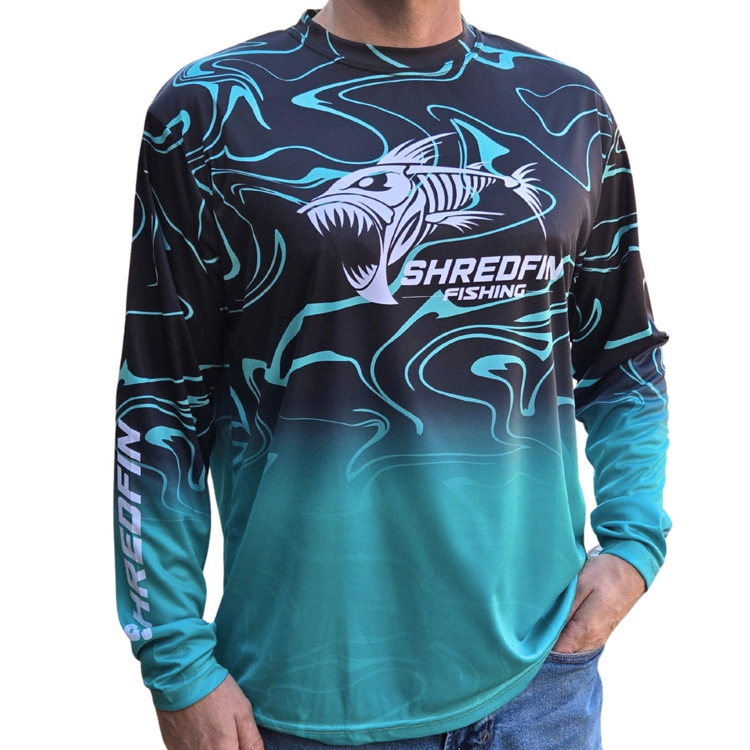 ShredFin RipTide Performance Shirt in Seafoam Fade, worn by a person and a dog after a lake outing, casual outdoor apparel.
