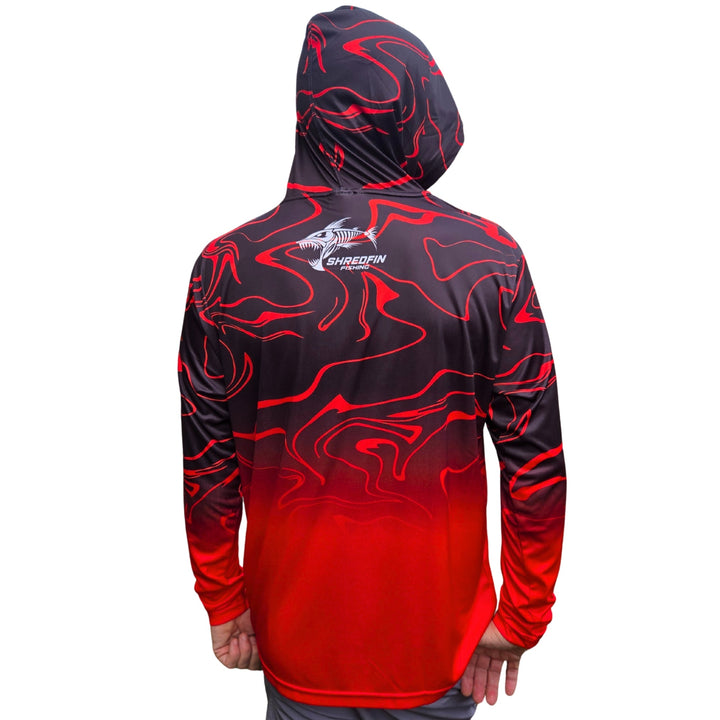 ShredFin Contourz RipTide Hooded Performance Shirt in Red Sea Fade, shown worn outdoors after lake fishing with a friend.