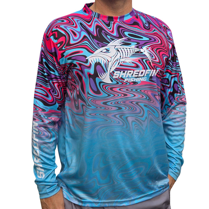 ShredFin StormSurge Performance Shirt in Neon Swirl, casual fit, worn by a person and friend after lake time, outdoor setting.