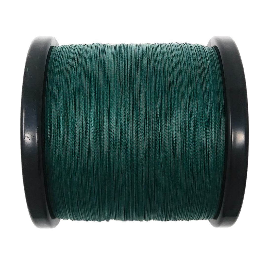 Reaction Tackle braided fishing line in moss green, close-up of textured, durable fishing line suitable for freshwater and saltwater fishing.
