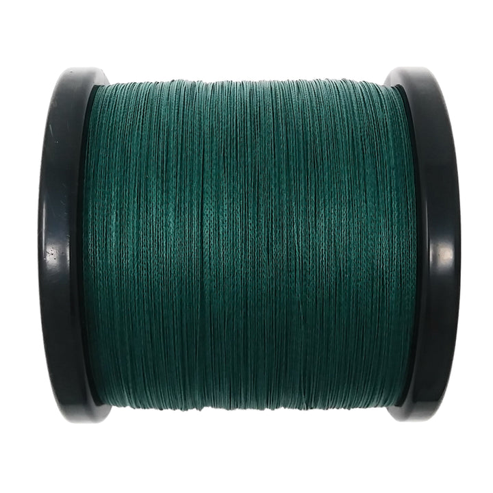 Reaction Tackle braided fishing line in moss green, close-up of textured, durable fishing line suitable for freshwater and saltwater fishing.