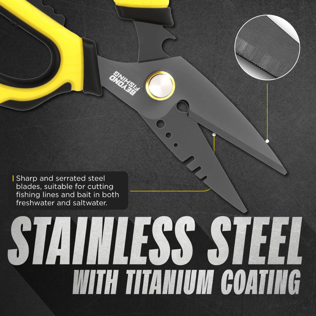 Beyond Braid 6.5-inch Omni Pro Fishing Shears with stainless steel blades and ergonomic handle for precise cutting.