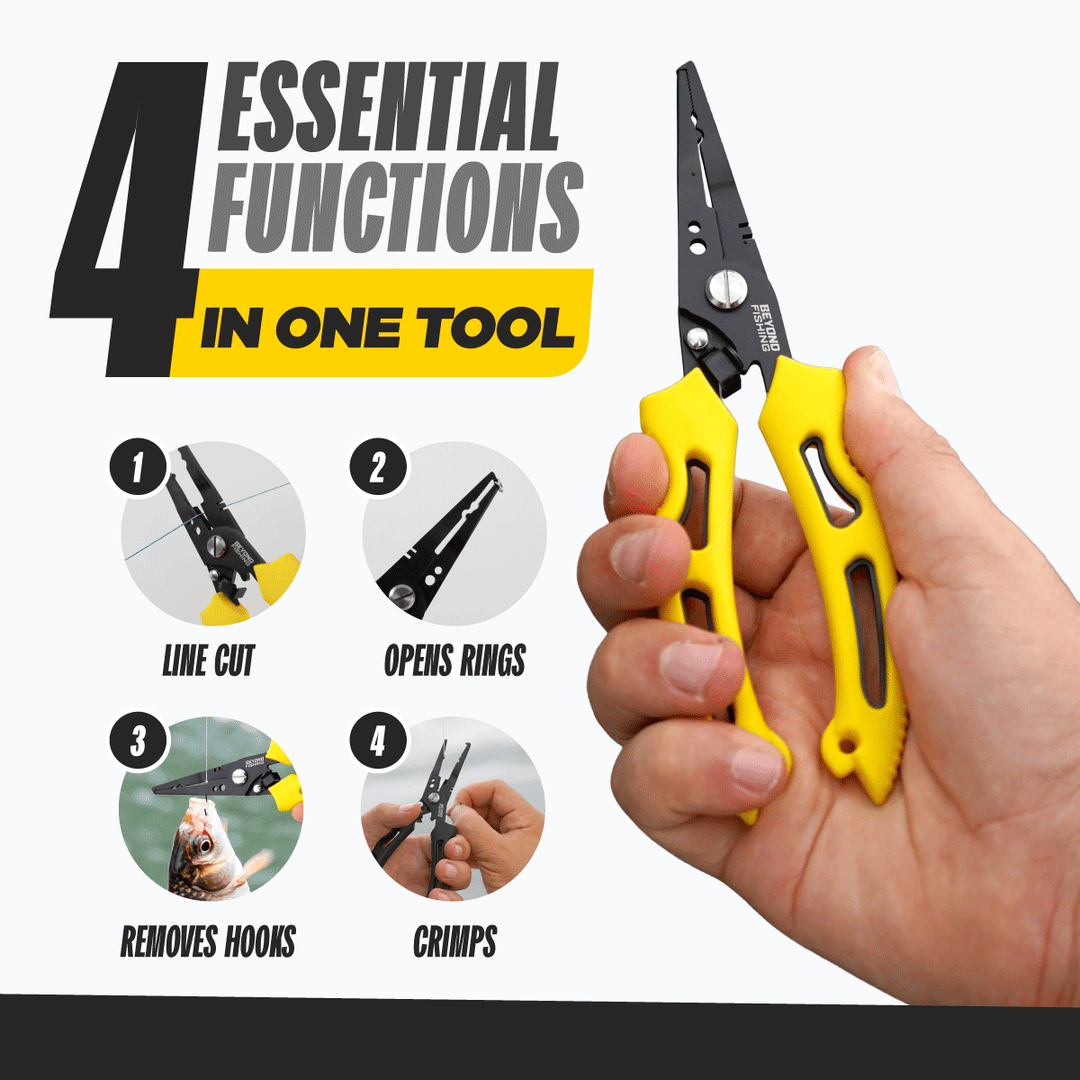 Beyond Braid QuickRig multifunction fishing pliers with ergonomic handles and stainless steel jaws for versatile fishing tasks.