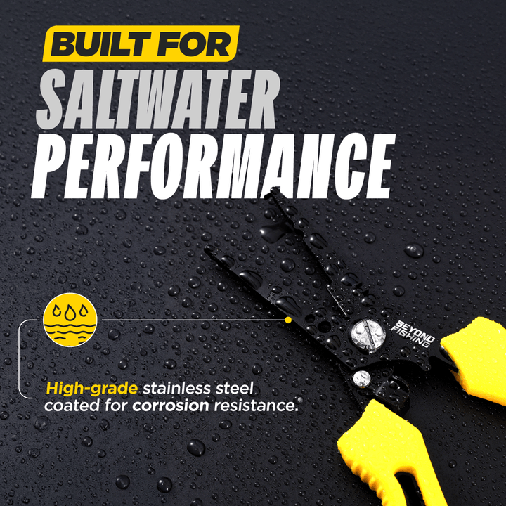 Beyond Braid QuickRig multifunction fishing pliers with ergonomic handles and stainless steel jaws for fishing or tackle work.