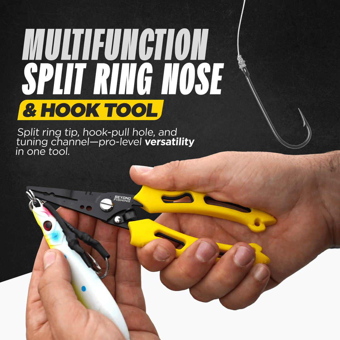 Beyond Braid QuickRig multifunction fishing pliers with ergonomic handles and built-in tools for fishing and tackle adjustments.