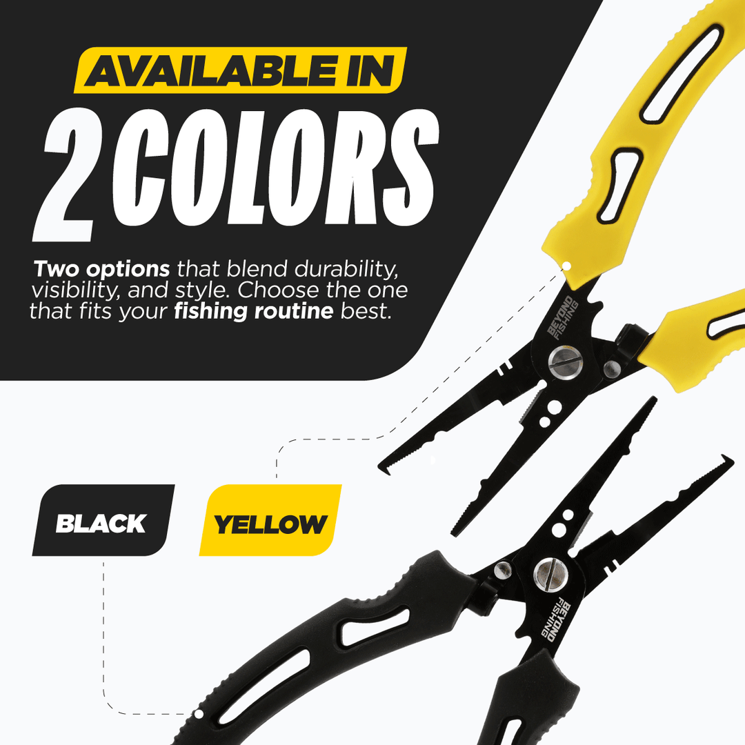 Beyond Braid QuickRig multifunction fishing pliers with ergonomic handle and built-in line cutter, ideal for fishing and tackle adjustments.