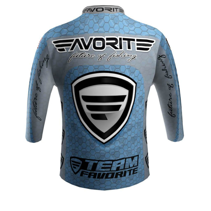 Favorite Fishing Team Favorite quarter zip jersey in blue, showing the back view with branding and comfortable athletic fit.