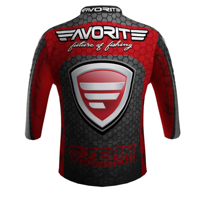 Favorite Fishing Team Favorite quarter-zip jersey in red, showing the back view with logo and breathable fabric for fishing apparel.