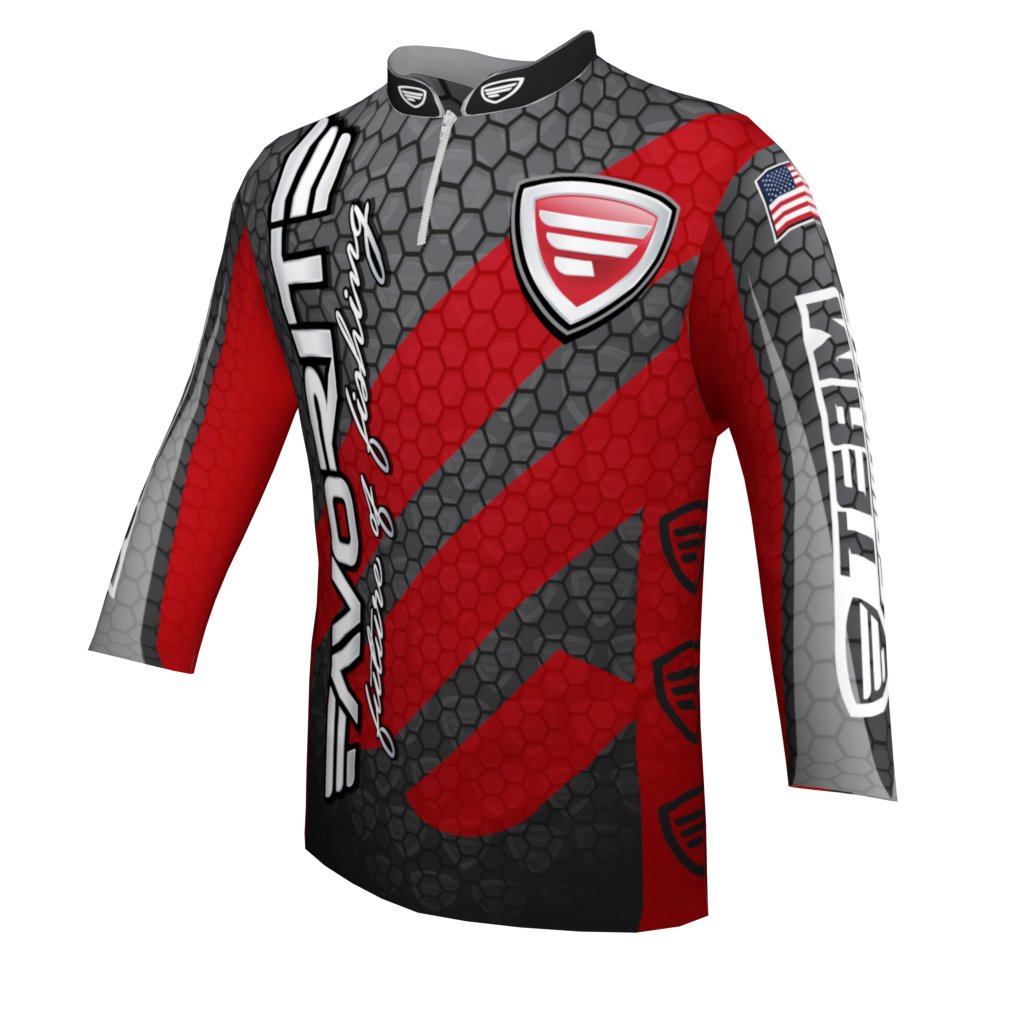 Favorite Fishing Team Favorite quarter zip jersey in red, showing the front view with brand logo and comfortable athletic fit.