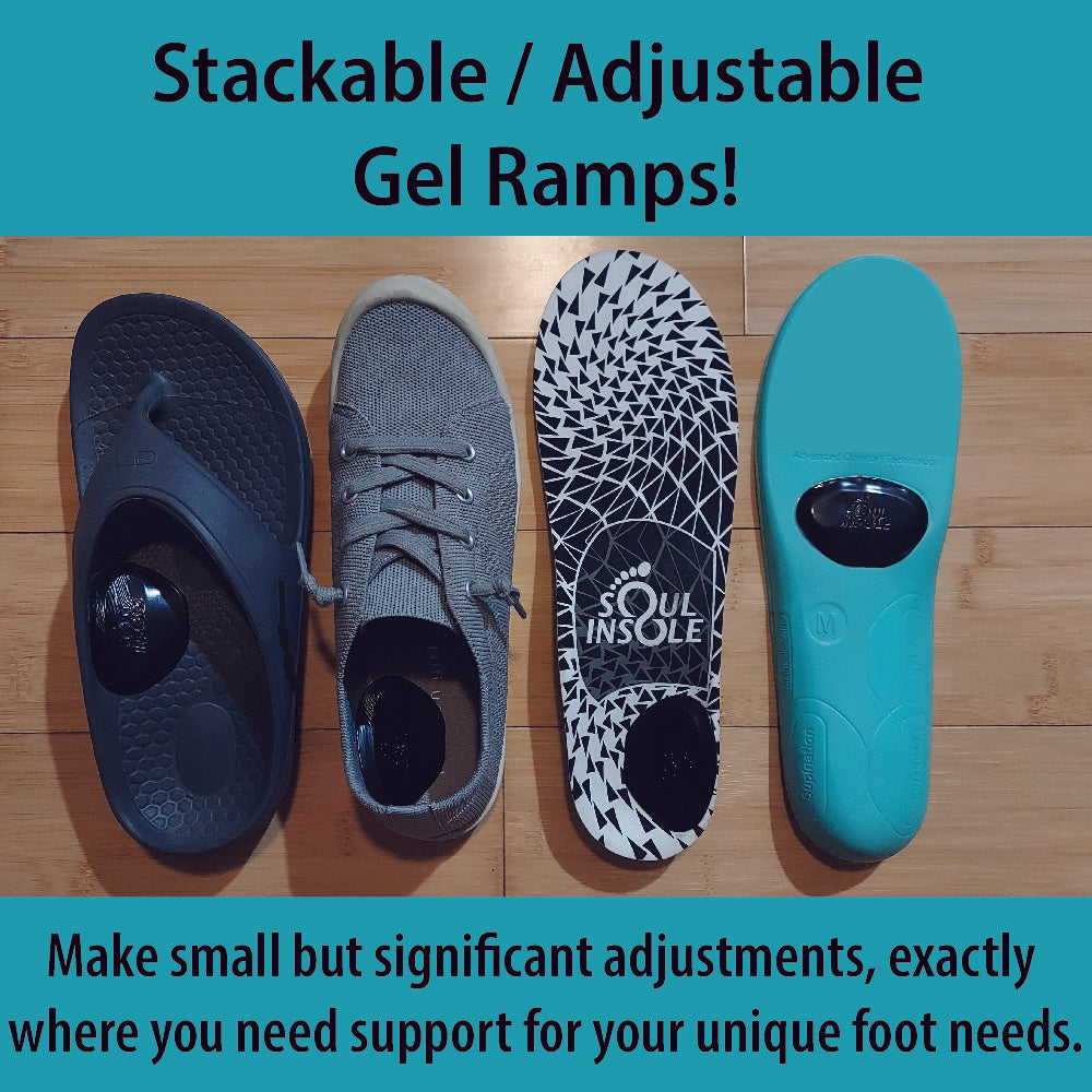 Soul Insole stackable supports and gel ramps, showing adjustable supports and flexible gel ramps for comfort and stability.