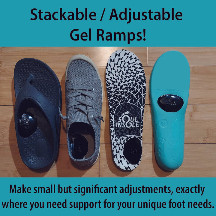 Soul Insole stackable supports and gel ramps, showing adjustable supports and flexible gel ramps for comfort and stability.