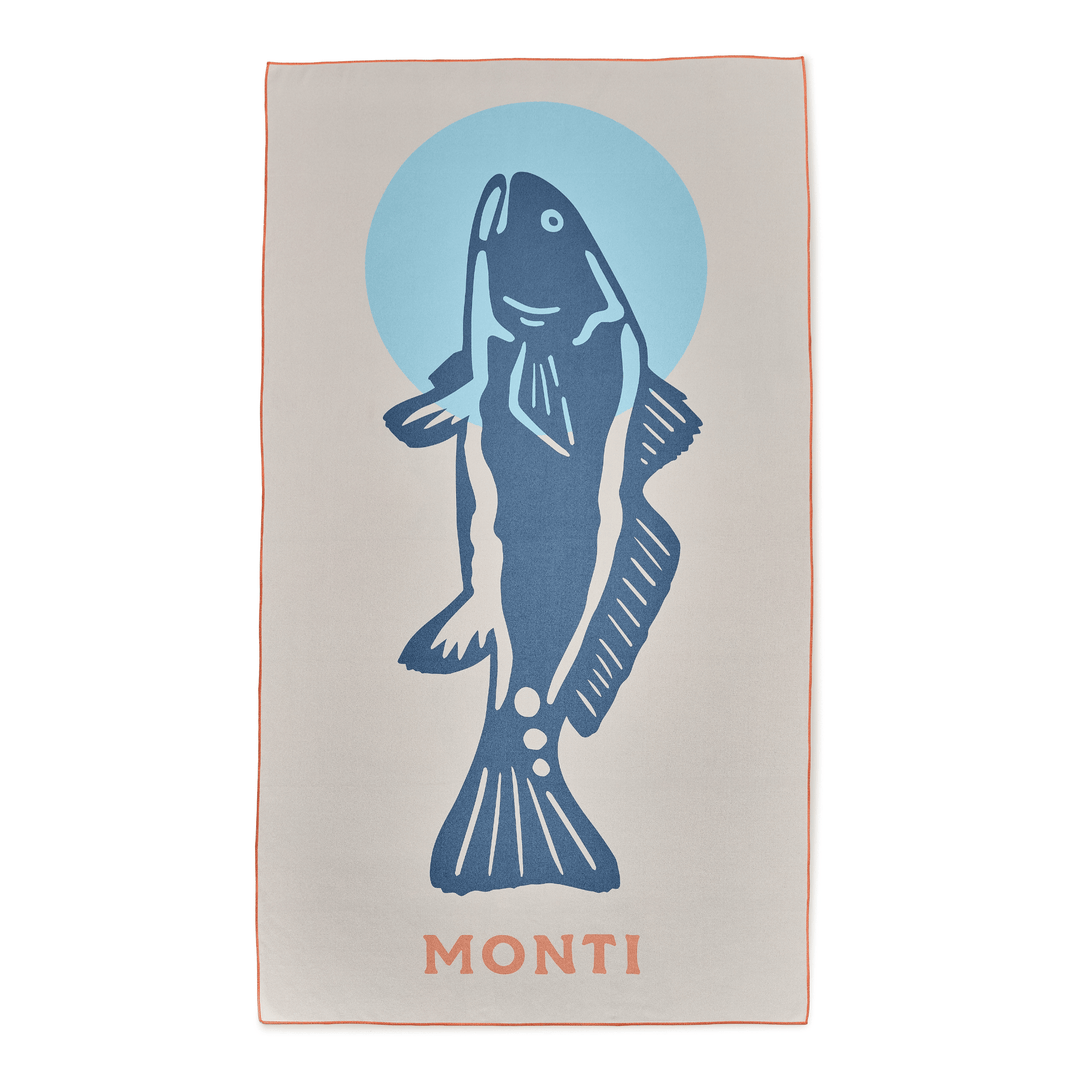 Redfish-themed towel from Monti Coolers featuring bold redfish design, perfect for beach or outdoor use.