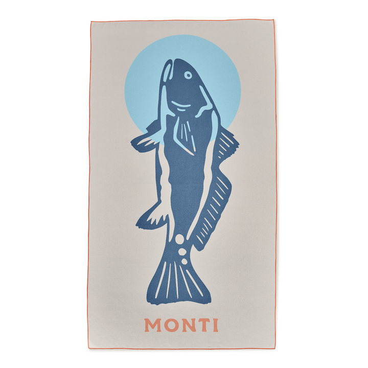 Redfish-themed towel from Monti Coolers featuring bold redfish design, perfect for beach or outdoor use.
