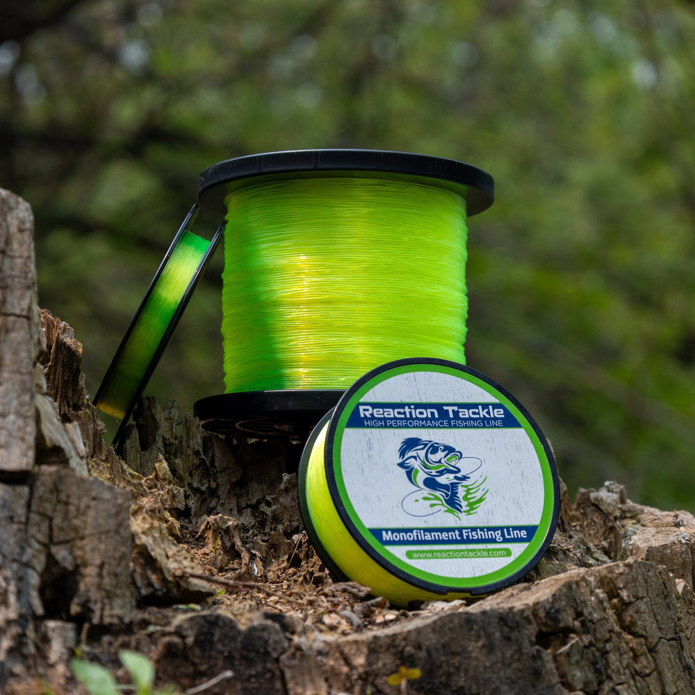 Reaction Tackle nylon monofilament fishing line spool, 1 pound jumbo size, showing the clear, flexible fishing line on a reel