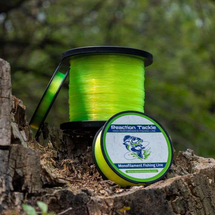 Reaction Tackle nylon monofilament fishing line spool, 1 pound jumbo size, showing the clear, flexible fishing line on a reel